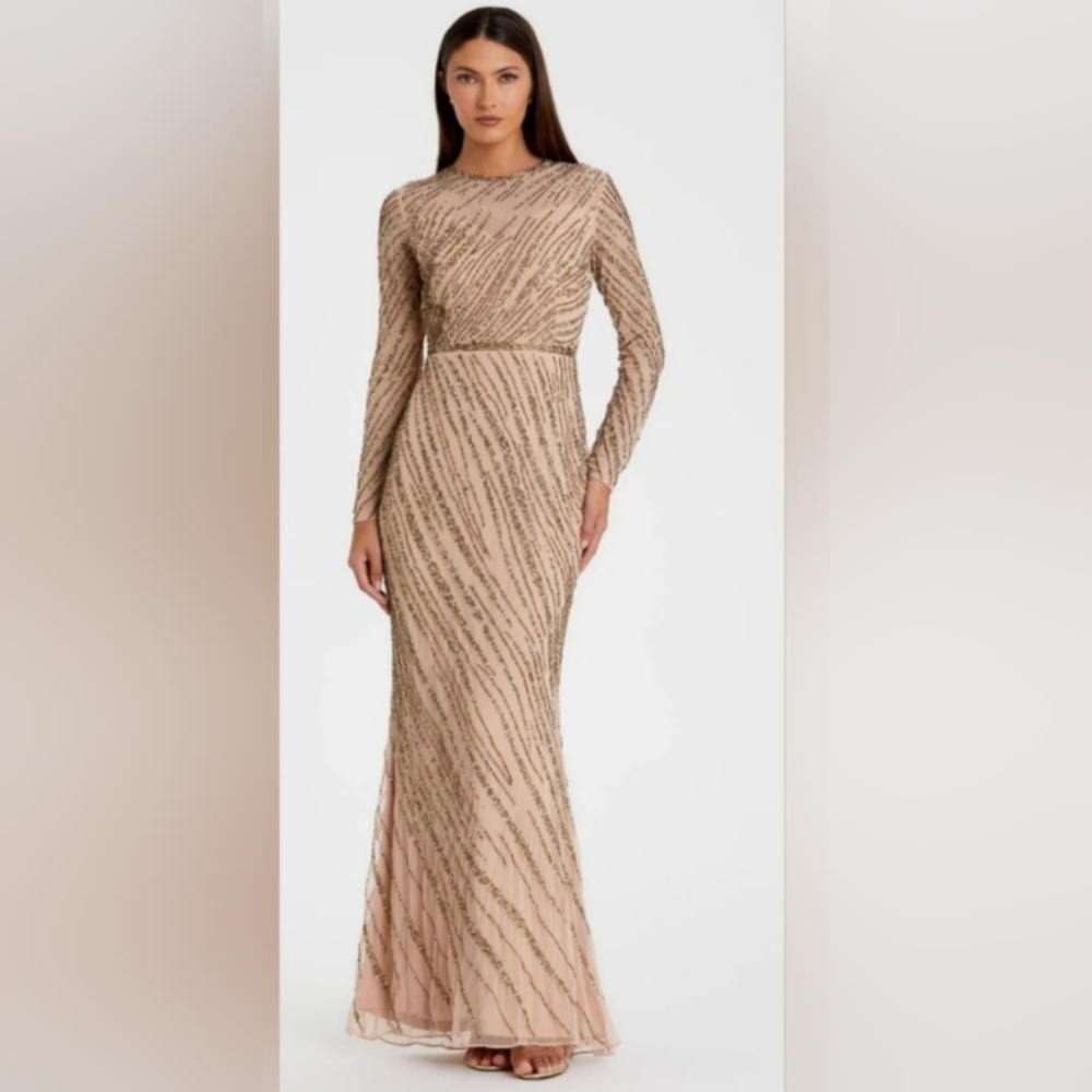 Mac Duggal 5240 Size 12 Long Sleeve Beaded Column Formal Evening Gown Mocha NWOT